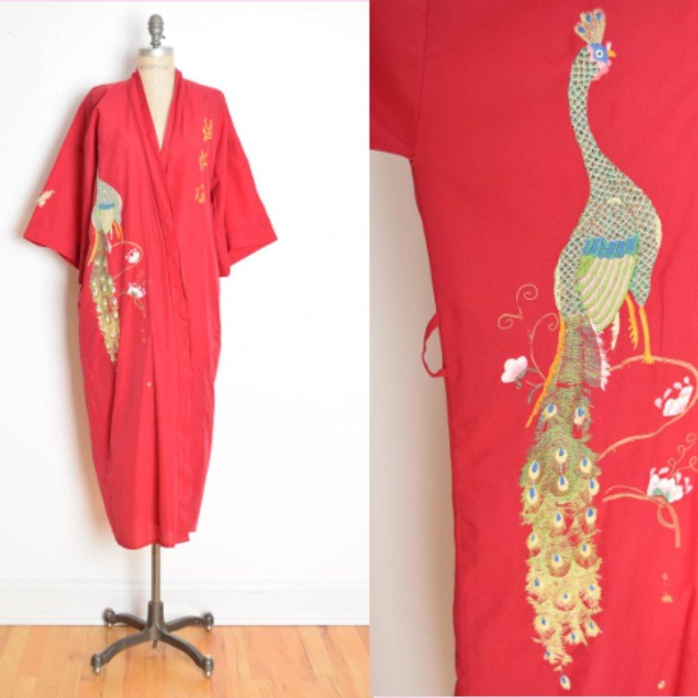 vintage 70s kimono jacket burgundy red embroidered peacock birds duster wrap
